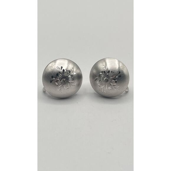 Vintage Designer A&Z 925 Silver Earrings Round Diamond Cut Floral Screw Back - Picture 1 of 5